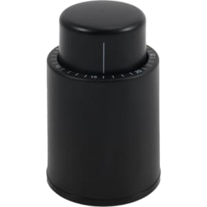 A drink bottle accessory featuring a black push-type wine stopper with a scale for measurement. It has a sleek design and a branding logo.
