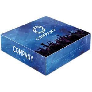 A mini tissue box with a blue starry design and a logo on the front.