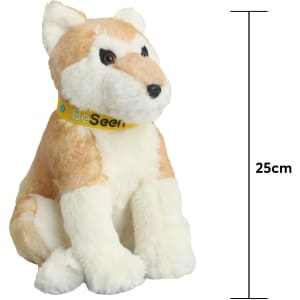 A 25cm plush toy of a tan and white dingo, featuring a bright yellow collar and large, expressive eyes.