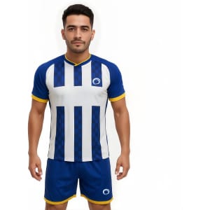 A fitted blue and white striped t-shirt with yellow accents, paired with matching blue shorts. Features a logo.