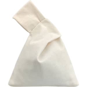 A cream-coloured cotton wrist bag with a unique folded design, featuring a logo.