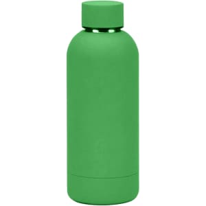 A drink bottle in a vibrant green colour with a smooth matte finish and a cylindrical shape. It has a logo at the base.