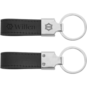 A black PU leather keyring with a metal clasp and ring. It features a logo on one side.