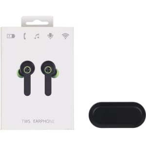 Black true wireless earbuds with a charging case, displayed alongside their packaging. The package features a logo.