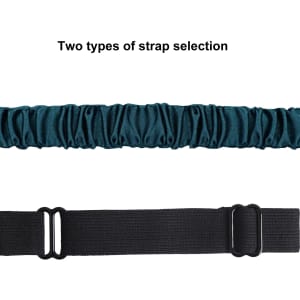 A satin sleep mask featuring two strap options: a teal satin strap and a black elastic strap.