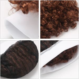 A brown curly headband wig with a textured base and an inner mesh lining for breathability.