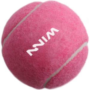 A pink tennis ball with white stripes and a logo, designed for pets.