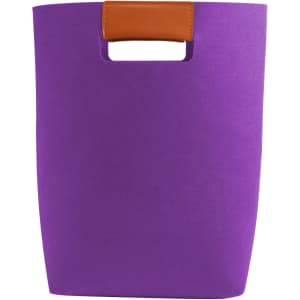 A purple felt tote bag with a brown handle, featuring a simple design and no visible logos or branding.