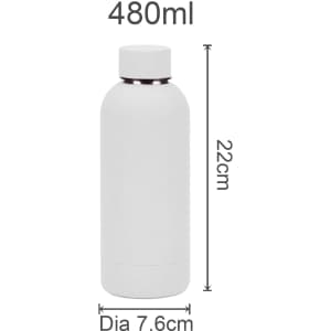 A drink bottle in white, made of recycled stainless steel, featuring a logo and holding 480ml.