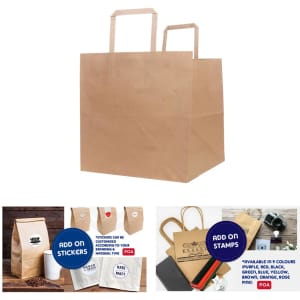 A flat handle kraft paper bag in a natural brown colour with two handles and a logo. Dimensions are 250x250x250mm.