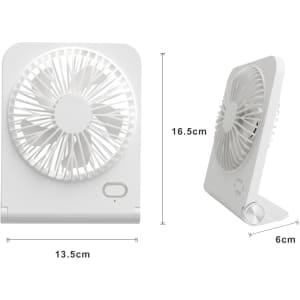 A mini desk fan in white, featuring a simple design with a rounded front and adjustable stand. Dimensions included.