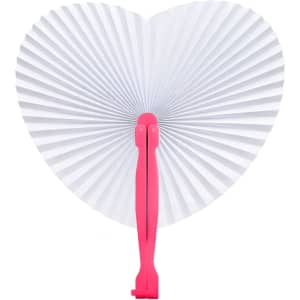 A heart-shaped plastic paper fan featuring a pink handle and white pleated paper design.