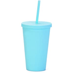 A drink bottle in matte aqua blue, featuring a lid and a straw, categorized as plastic cups and tumblers.
