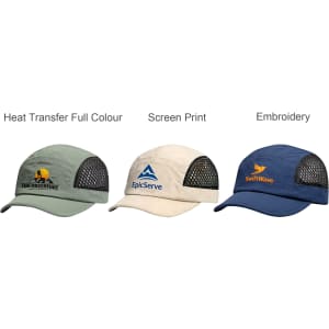Three 5 Panel Short Brimmed Mesh Running Caps in olive, beige, and navy, each featuring different logos and mesh panels.