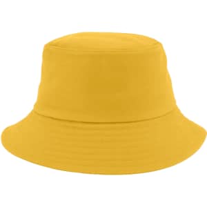 A custom cotton bucket hat in bright yellow with a wide brim and a structured top.