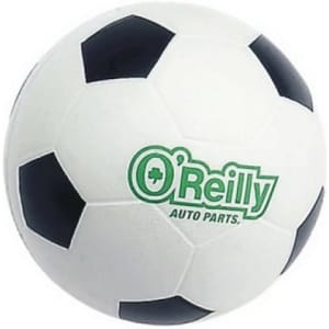 A football-shaped stress reliever in black and white, featuring a logo on one side.
