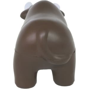 A brown bull-shaped stress reliever with white horns and a round posterior. It features a simplistic design and a branding logo.