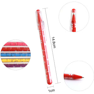 A red pen with a transparent casing featuring a puzzle maze design, displayed alongside various colourful options.
