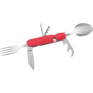 A red camping cutlery tool featuring a spoon, fork, knife, bottle opener, and other utensils. Includes a logo.