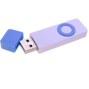 A purple and white flash drive with a blue cap removed, showcasing the USB connector. It features a circular element on the body.