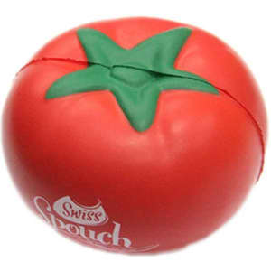A red tomato-shaped stress reliever with a green stem and a logo on one side.