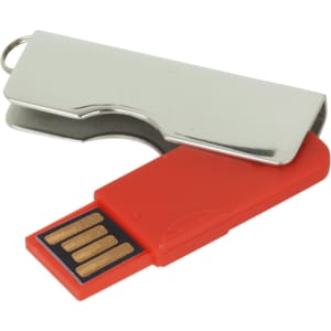 An alloy swivel flash drive in metallic silver and bright red, featuring a keyring attachment.