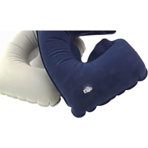 An inflatable travel pillow in blue and grey, featuring a logo, with a soft, textured surface.
