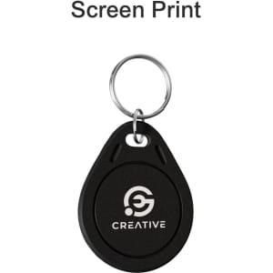 A black NFC keytag with keyring and a circular logo on the front.