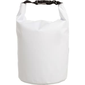 A waterproof dry bag in white with a black strap, featuring a logo. Ideal for keeping items dry.