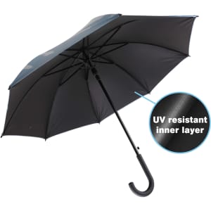 A black eight-panel umbrella with a UV resistant inner layer and a curved handle. It features a logo.