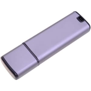 A silver and black flash drive with a sleek, modern design and a logo on the surface.