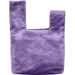 A purple velvet wrist bag featuring a distinctive knot design and has a logo.