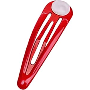 A red hair clip with a plastic design and a circular white accent at the top, featuring a logo.