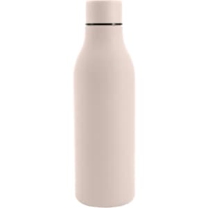 A drink bottle in a soft pink hue with a rubber coating and a metal lid. It features a logo on the surface.