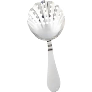 A stainless steel bar strainer with a scalloped design and a long handle, featuring holes for drainage.