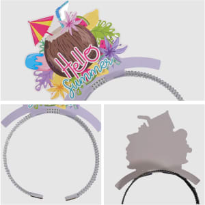 A headband featuring a colourful tropical design with a coconut, flowers, and the phrase "Hello Summer".