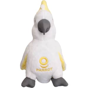A white and yellow plush cockatoo toy with a grey beak and feet, featuring a logo on its chest.