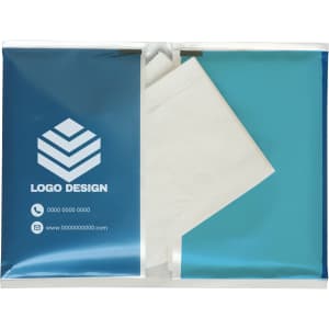 A pack of wallet pocket tissues in a blue and white design, featuring a logo on the front.