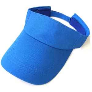 A blue sport visor features a curved brim and an adjustable strap at the back. It has a logo on the front.