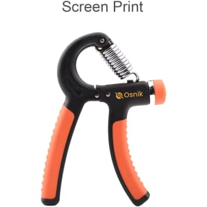 A black and orange adjustable hand grip with a textured handle and a spring mechanism. It features a logo.