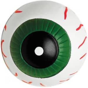 A 63mm eyeball-shaped stress ball with a white exterior, green iris, and black pupil, featuring red veins and a logo.