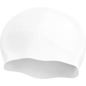 A seamless silicone swimming cap in white, featuring a smooth design and a logo.