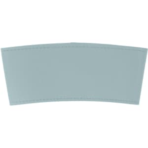 A leather cup sleeve in a light blue colour, featuring stitched edges and a smooth finish. It has a logo.