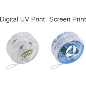 A clear and blue light-up yoyo with a logo, featuring a transparent design and glowing elements.