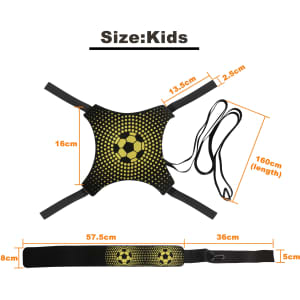 A soccer training belt in black and yellow, featuring a football design, with adjustable straps and measurement details.