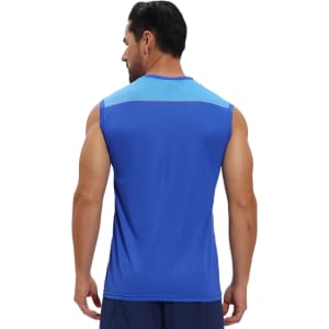 A blue and light blue crew neck singlet made from 100% polyester micro mesh, featuring a logo on the back.