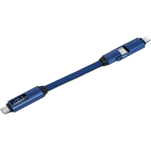 A blue 100W 3-in-1 aluminium charging cable featuring a digital display and a logo on the casing.