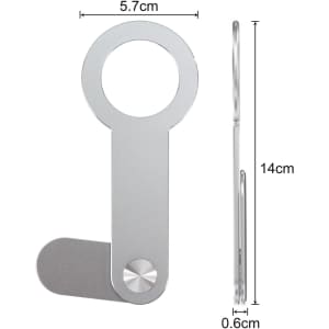 A silver aluminium magnetic phone holder for laptops, featuring a circular top and a flat base. It has a logo.