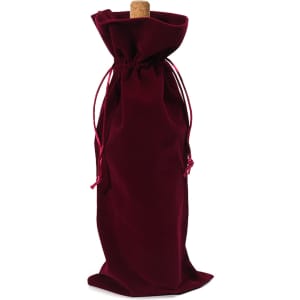 A drink bottle bag in rich burgundy flannel with a drawstring closure. Features a cork stopper and a logo.