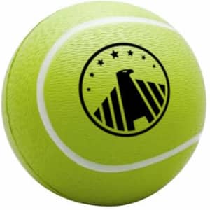 A bright yellow tennis-shaped stress reliever with a textured surface and a logo printed on it.